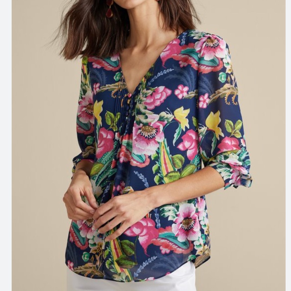 Soft Surroundings Samantha Chiffon Floral Tropical Button Front Shirt Blouse S